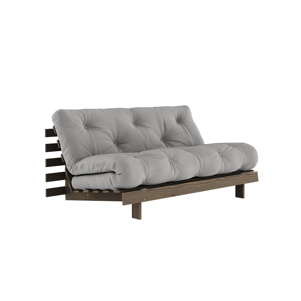 KARUP DESIGN Šedá rozkládací pohovka ROOTS s konstrukcí z tmavě hnědého dřeva 160x200 cm